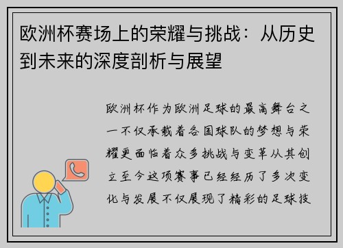 欧洲杯赛场上的荣耀与挑战：从历史到未来的深度剖析与展望