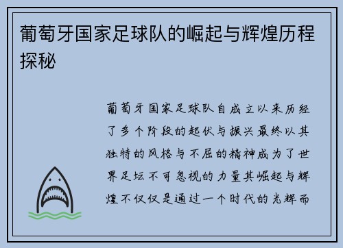 葡萄牙国家足球队的崛起与辉煌历程探秘