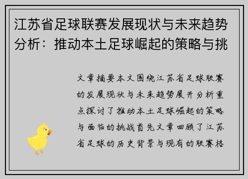 江苏省足球联赛发展现状与未来趋势分析：推动本土足球崛起的策略与挑战