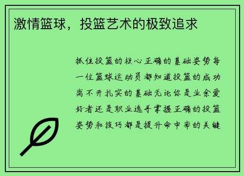 激情篮球，投篮艺术的极致追求