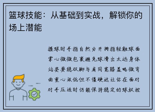 篮球技能：从基础到实战，解锁你的场上潜能
