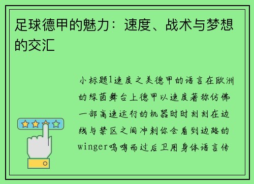 足球德甲的魅力：速度、战术与梦想的交汇