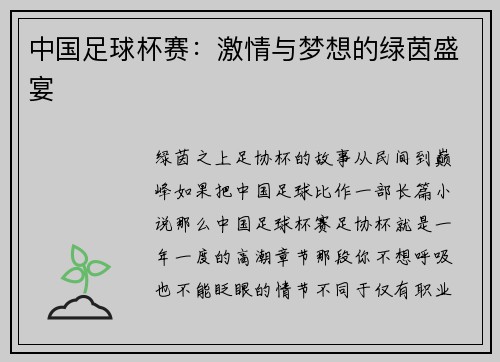 中国足球杯赛：激情与梦想的绿茵盛宴